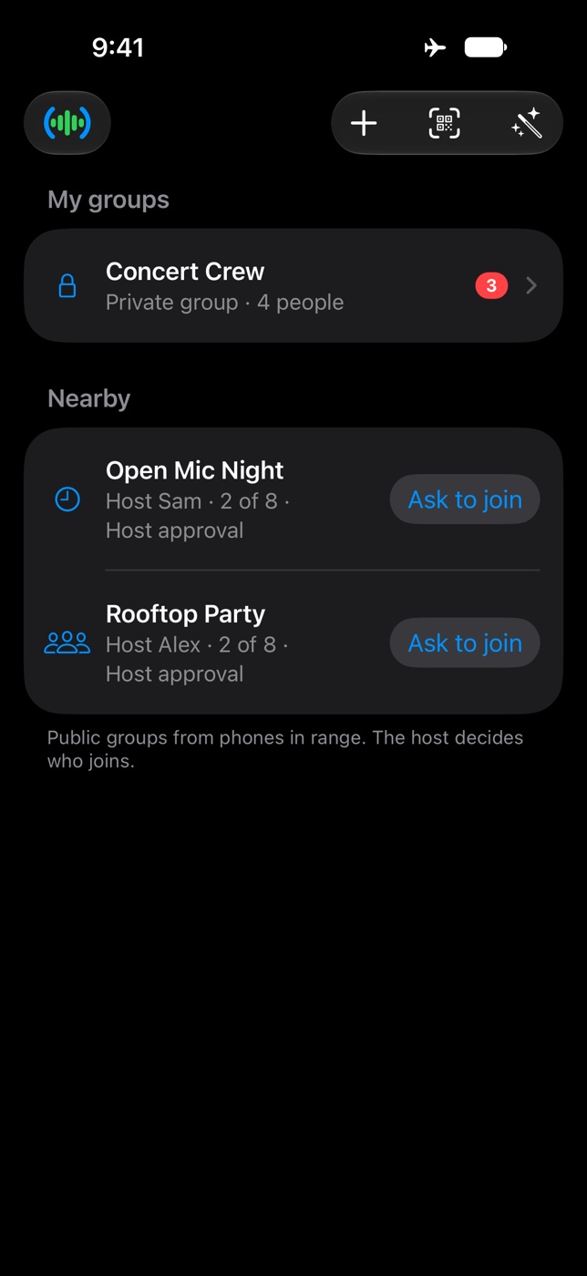 The main screen listing your group and public groups nearby.