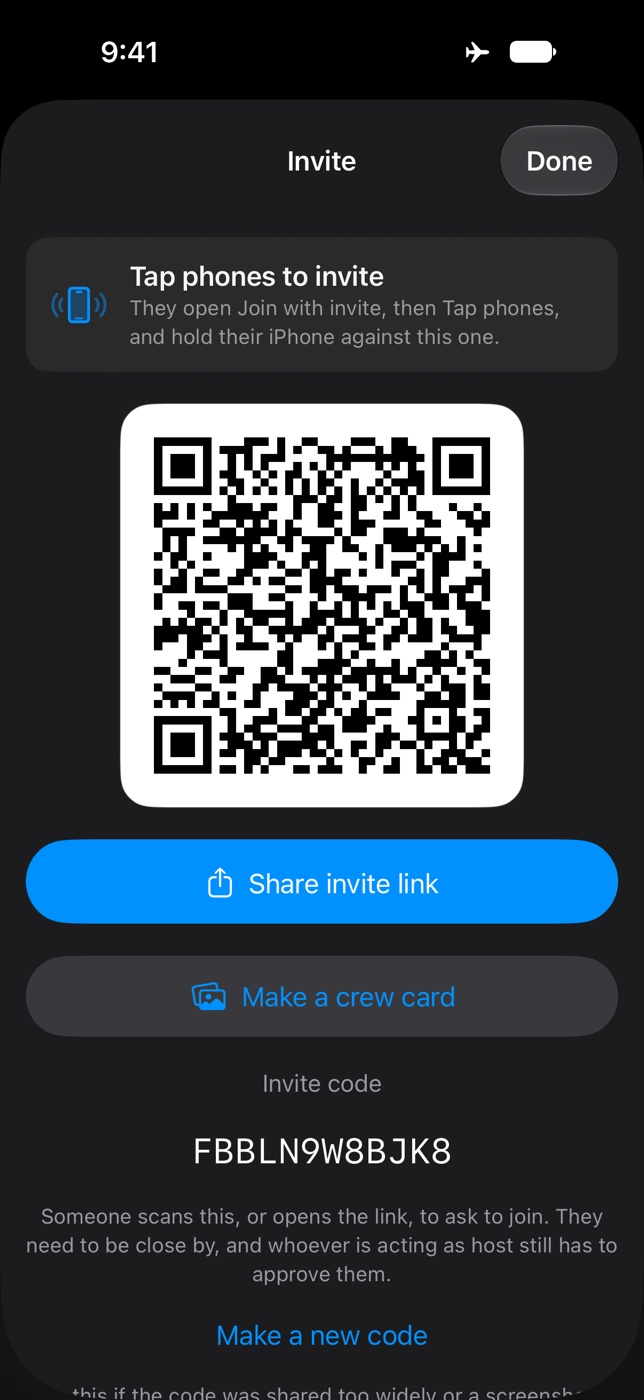 The invite screen showing a QR code for the new group.