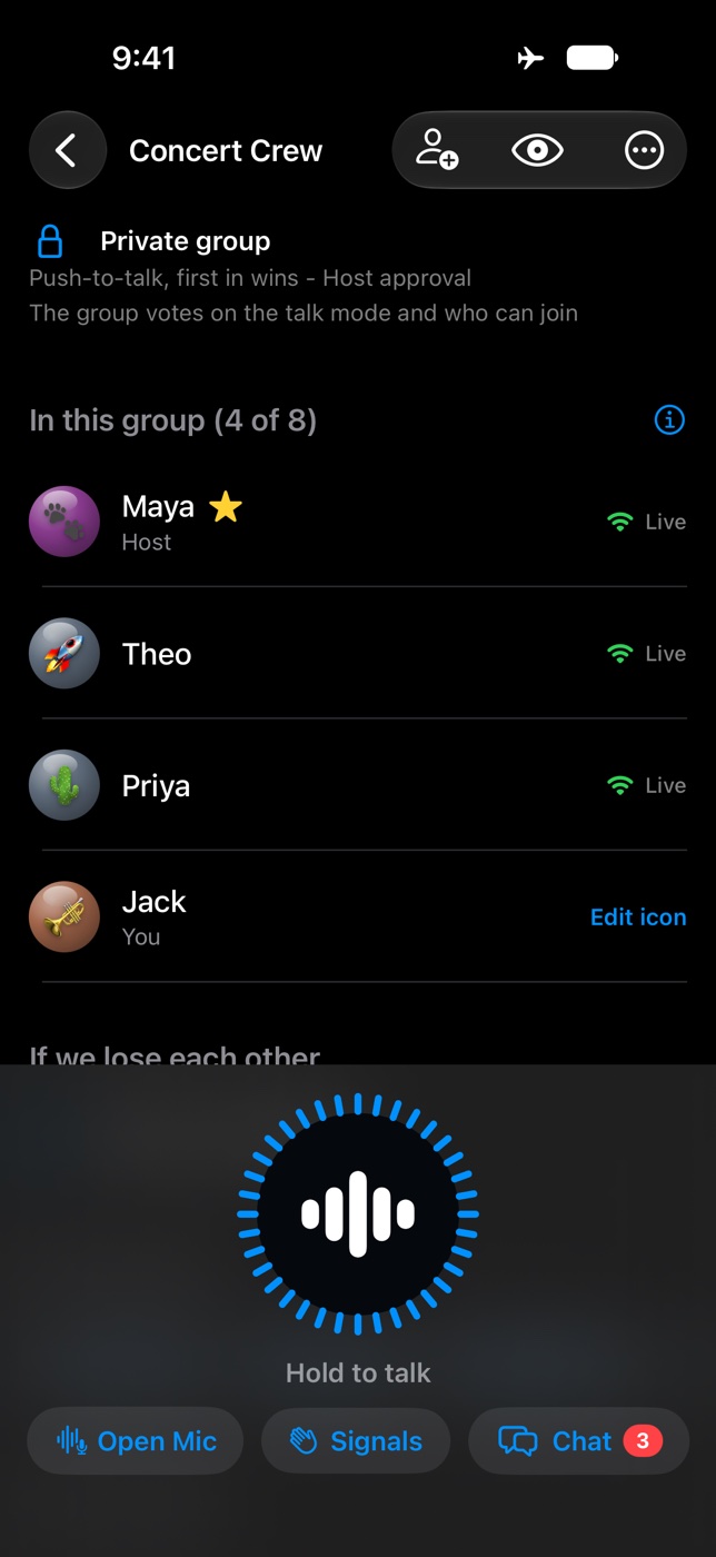 The group screen in the List layout: one row for each person with their emoji icon.