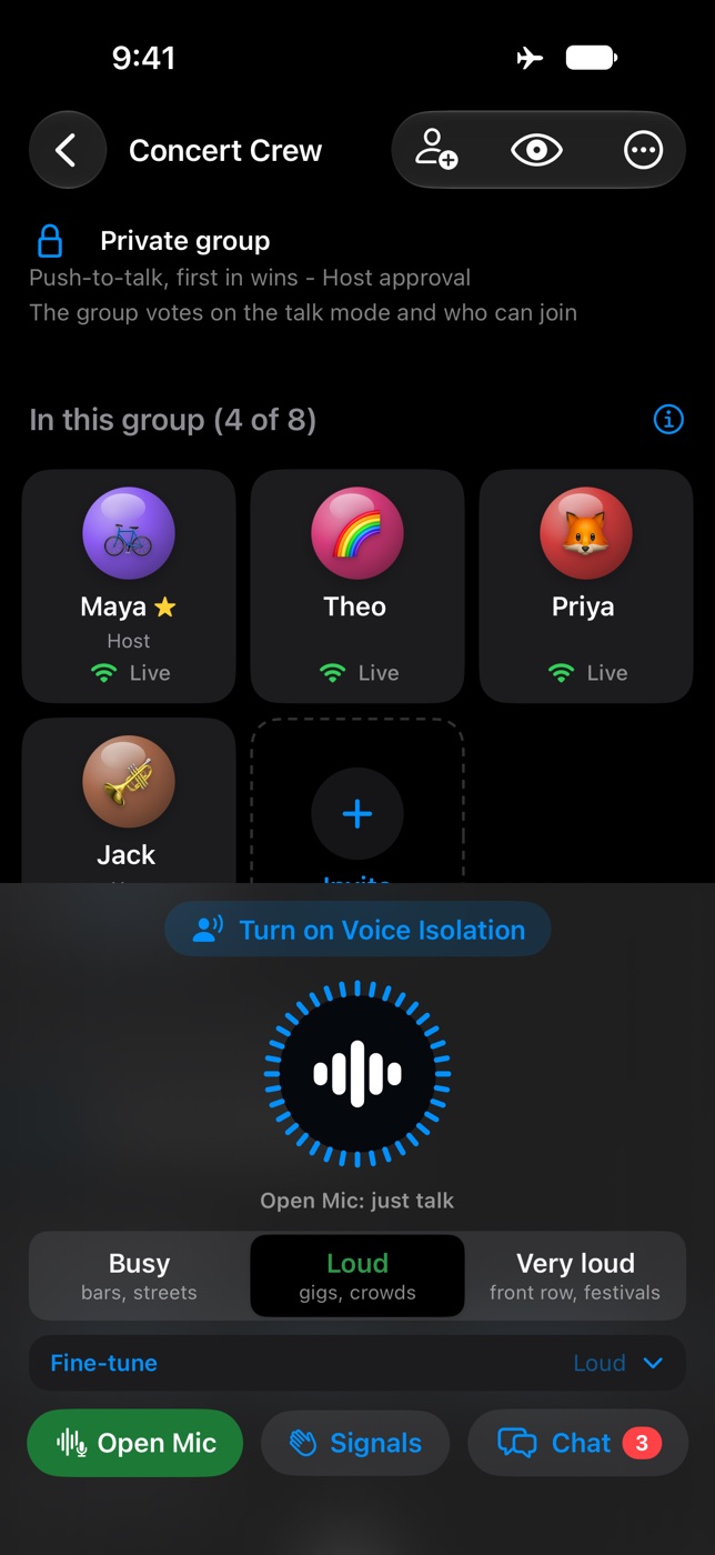 Open Mic on: a smaller talk button, then Busy, Loud and Very loud to choose how loud it is around you, and a Fine-tune row.