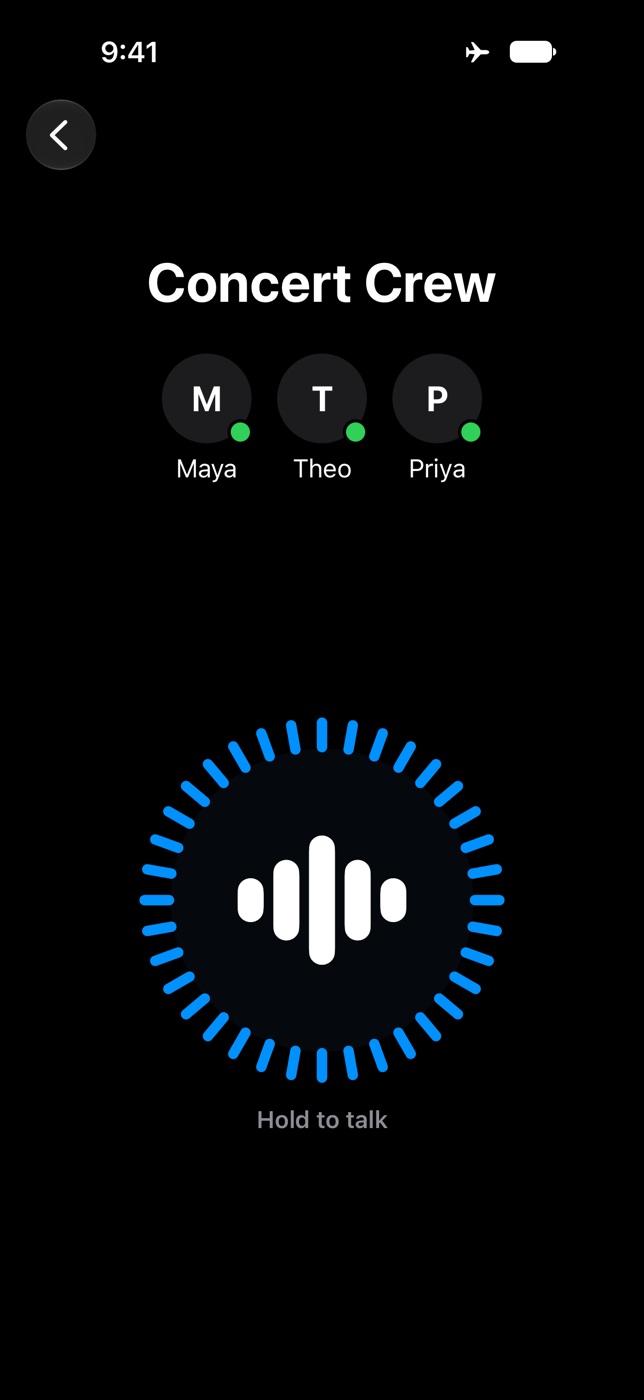 Simple mode: one large hold-to-talk button and nothing else.